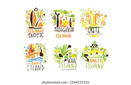 Exotic Countries Labels Design Vector Set. Tropic Travel Destination Collection