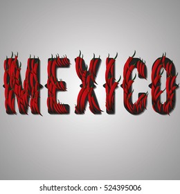Exotic country in South America. Mexico. The inscription is made in the form of red chili peppers. Modern design for your tourism