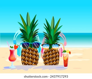 Exotic couple of pineapples on the beach wearing sunglasses and headphones with glasses of cocktails  There is a place for advertising Vector