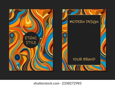 Exotic cover set, vertical templates. Collection of watercolor geometric backgrounds with tribal abstract pattern in ethnic style. Minimalism, palette of colors of the East, Asia, India, Mexico, Aztec