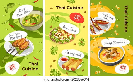 Exotic cuisine and asian food dishes menu for restaurant or cafe. Gang keaw wan, khao niew moo yang, gaeng massaman and spring rolls. Promotion for clients, 50 percent off. Vector in flat style