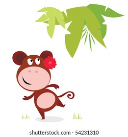 Exotic cute dancing monkey with red flower and palm leaf behind. Vector Illustration of cute dancing monkey isolated on white background.