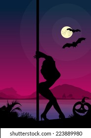 Exotic dancer dancing pole dance in front of river and full moon at night halloween style