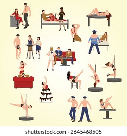 Exotic dancer icon set person slim ethnic stripper lady coast garland brunette body fit aerial elegance east oriental performer show exercising athlete feminine fashion