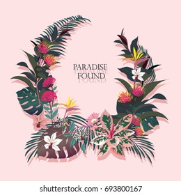 .Exotic Dark vector tropical background with green palm leaves and flowers in summer forest design