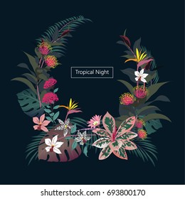.Exotic Dark vector tropical background with green palm leaves and flowers in summer forest design