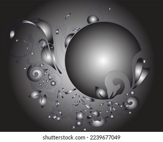 Exotic decoration with gray and white gradient. Combination of abstract circles and abstract plant ornaments
