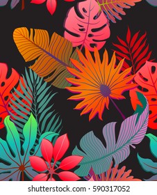 Exotic decorative colorful palm tree foliage. Tropical palm leaves, jungle leaves seamless vector floral pattern, trendy hipster abstract background