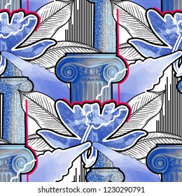 Exotic design with ancient column of Ionic Order and tropical flowers. Vector seamless pattern in different modern techniques