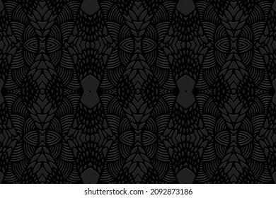 Exotisches Design mit geometrischem schwarzem Hintergrund. Vintage ethnische 3D Muster in handgefertigtem Stil. Motive der Völker des Ostens, Asiens, Indiens, Mexikos, Aztekens.