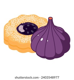 Exotic dessert icon isometric vector. Fruit cookie with jam near ripe fresh fig. Dessert, food concept