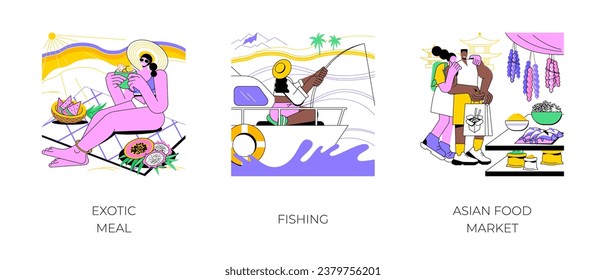 Destino exótico aislado ilustraciones vectoriales de dibujos animados conjunto. Mujer comiendo fruta tropical en la playa, pescando desde un bote durante las vacaciones de verano, visitando el mercado de comida asiático de dibujos animados vectores.