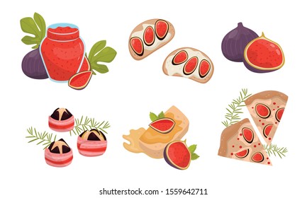 Exotic Dishes And Desserts With Figs Vector Illustration Set Isolated On White Background