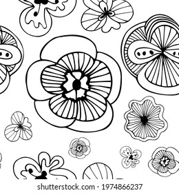 Exotic doodle flowers black and white seamless pattern, hand-drawn flowers repeat pattern, funky doodle flowers, unusual fantasy blossoms black and white, a floral pattern