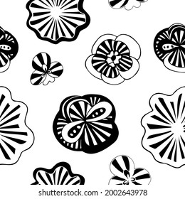 Exotic doodle flowers white on black seamless pattern, hand-drawn flowers repeat pattern, funky doodle flowers, unusual fantasy blossoms black and white, floral pattern