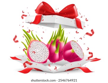 Exotische Drachenfrucht in offener Geschenkbox mit roter Schleife einzeln auf transparentem Hintergrund. Frisch reife Pitaya mit weißem Fleisch und Samen. Tropisches Sommerfutter mit Vitaminen Realistische 3D-Vektorgrafik