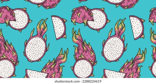 Exotic dragon fruit seamless pattern. Vector eco fruit or organic nature ingredient for food market.