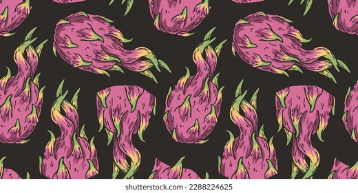 Exotic dragon fruit seamless pattern. Vector eco fruit or organic nature ingredient for food market.