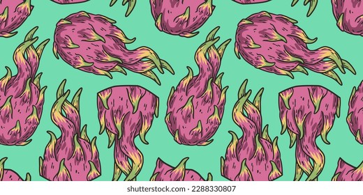 Exotic dragon fruit seamless pattern. Vector eco fruit or organic nature ingredient for food market.