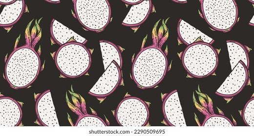 Exotic dragon fruit seamless pattern. Vector eco fruit or organic nature ingredient for food market.