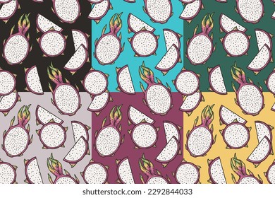 Exotic dragon fruit seamless pattern set. Vector eco fruit or organic nature ingredient collection for food market.
