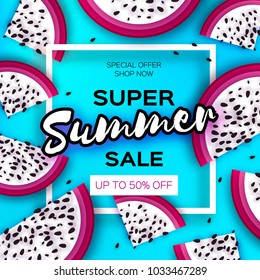 Exotic Dragon Fruit Super Summer Sale Banner in paper cut style. Origami juicy ripe dragonfruit slices. Healthy food on blue. Summertime. Square frame for text.