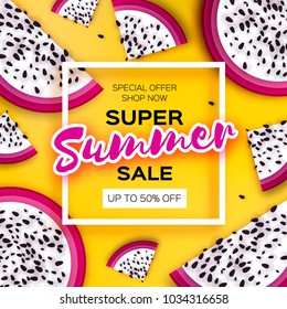 Exotic Dragon Fruit Super Summer Sale Banner in paper cut style. Origami juicy ripe dragonfruit slices. Healthy food on yellow. Summertime. Square frame for text.