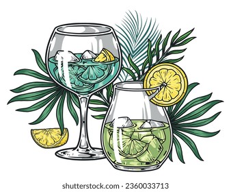 Exotic drink mojito sticker colorful with alcoholic refreshing cocktail in glasses with lemon slices near palm leaves vector illustration