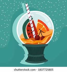 An exotic drink with a slice of orange, watermelon and two cherries. Drink with a straw in a glass globe.