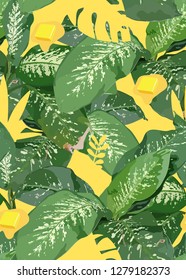 Exotic Dumb cane plants and butter, fun and creative tropical seamless pattern design, good summer vibe