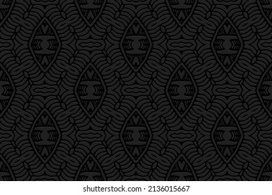 Exotic embossed black background, vintage cover design. Geometric ethnic 3D pattern, hand drawn style. National elements of creativity of the peoples of the East, Asia, India, Mexico, Aztecs.