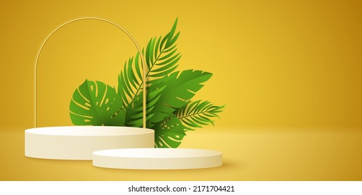 Exotic empty podium with tropical plants to display your brands product. Minimalistic summer scene. 3D pedestal for your design. Vector illustration. EPS 10