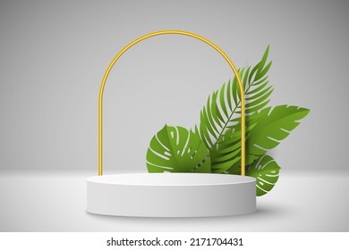 Exotic empty podium with tropical plants to display your brands product. Minimalistic summer scene. 3D pedestal for your design. Sale mockup design. Vector illustration. EPS 10