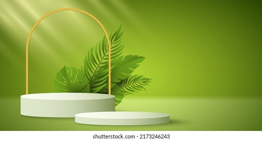 Exotic empty podium with tropical plants to display your brands product. Minimalistic summer scene with sunlight. 3D pedestal for your design. Sale mockup. Vector illustration. EPS 10