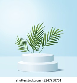 Exotic empty podium with tropical plants to display your brand. Minimalist summer scene. 3D pedestal for your design. Sale mock-up. Vector illustration. EPS 10