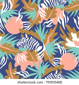 Exotic endless background. Vector seamless pattern with zebra and tropical leaves.