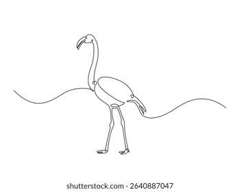 Exotic famingo bird single outline illustration. Continuous line art drawing of flamingo bird for summer concept.