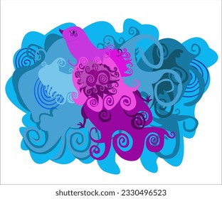 An exotic fantasy violet bird on a blue vintage background. This illustration can be used as a logotype for creative, singing, zoo,    travel companies, as a print for t-shirts. Vector, isolated.