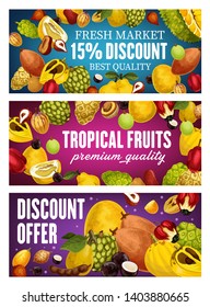 Exotic farm fruits discount promo banners, tropical farm agriculture harvest special offer. Vector organic durian, pomelo and lucuma, tamarind and tropic soursop, longkong and cherimoya fruits