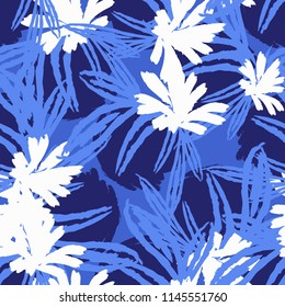 Exotic Fashion Seamless Pattern with  Flowers and Leaves . Blue and White Colors 