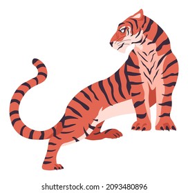 Exotic feline mammal in profile view, isolated Bengal tiger with furry coat and stripes. Dangerous predator or carnivore Asian fauna. Jungle or zoo dweller. Vector in flat style illustration