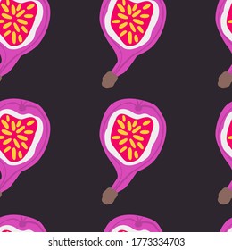 Exotic Fig fruit pattern. Vector seamless background made in funny doodle style. Clipart food elements. Hand painted elements.