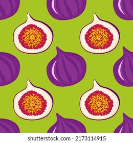 Vector vegetal exótico de fruta vegetal patrón sin costuras. Sabrosos antecedentes de frutas de verano. Sabor de higos. Papel tapiz de caricatura de comida de estilo plano colorido. Comida ecológica. Frutas dulces vegetarianas