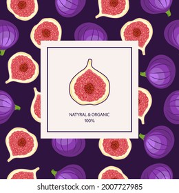 Exotic figs fruit card design on purple background. Organic summer fruit. Trendy colorful vector design with place for text.