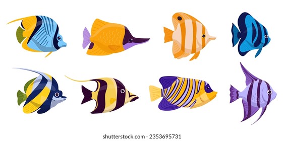 Exotische Fische. Tropische Karikaturen, Aquarium oder wild lebende Unterwasserfische. Meerwasserfauna mit flachem Vektorgrafik-Set. Seeteufel