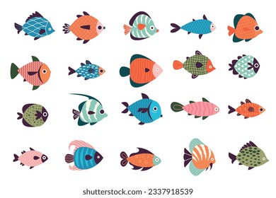 Exotic fish collection. Cartoon marine underwater wildlife, colorful ocean life characters, fish zoo decor and wildlife concept. Vector set of underwater exotic fish collection illustration