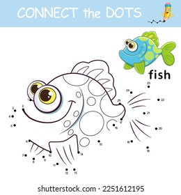 Exotic Fish. Dot to dot Game with answer. Connect the dots by numbers to draw the Fish. Logic Game and Coloring Page with cartoon cute Fish. Education card for kids learning counting numbers 1-25.