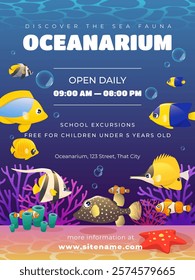 Exotic fish exhibition poster. Tropical marine life, invitational banner, underwater colorful animals, undersea aquarium inhabitants, ocean background, cartoon isolated vector concept