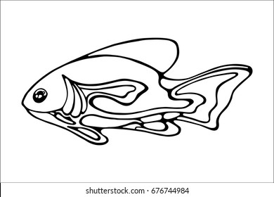 Exotic fish with flame fins and tail. Black and white graphics isolated on a white background.