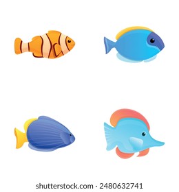 Exotic fish icons set cartoon vector. Various ornamental colorful fish. Ocean animal, underwater world